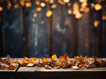 Autumn leaves on a wooden table in front of a blurred backgroundの素材