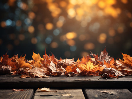 Autumn leaves on wooden table in front of bokeh backgroundの素材