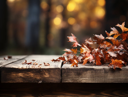 Autumn leaves on wooden table in forest. Fall season concept.の素材