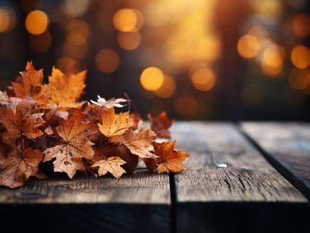 Autumn leaves on a wooden table in front of bokeh backgroundの素材