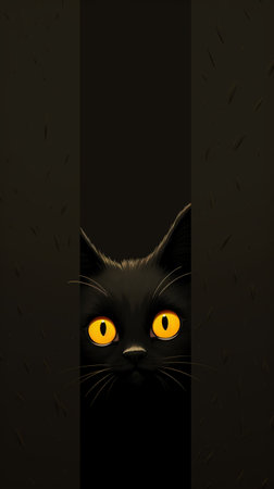 Black cat peeking through a hole in a black wall. Halloween cardの素材