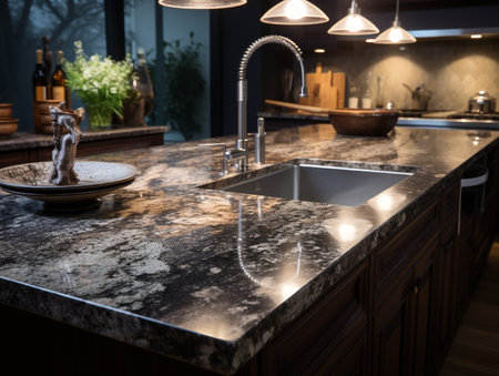 interior of luxury modern kitchen with marble countertop and black sinkの素材