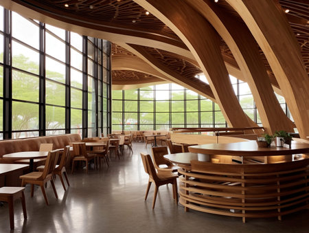 interior of a modern cafe with wooden tables and chairs. 3d renderingの素材