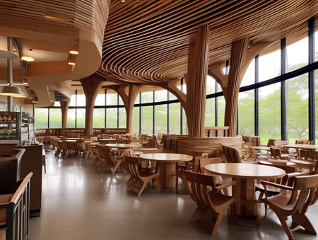 Interior of a modern cafe with wooden tables and chairs. 3d renderingの素材