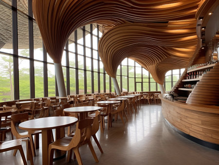 Interior of a modern cafe with wooden tables and chairs. 3d renderの素材