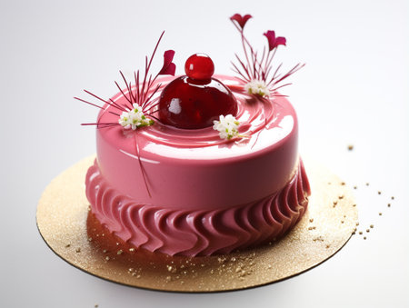 Delicious pink mousse cake decorated with cherry blossom and rose petalsの素材