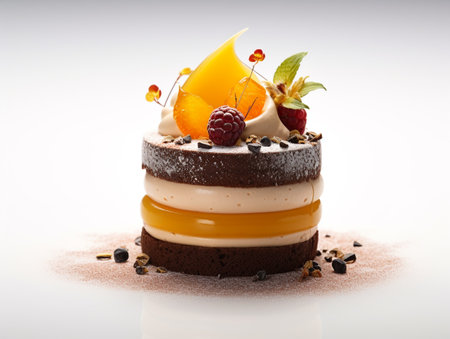 Delicious chocolate cake with cream and fruits on a white background.の素材