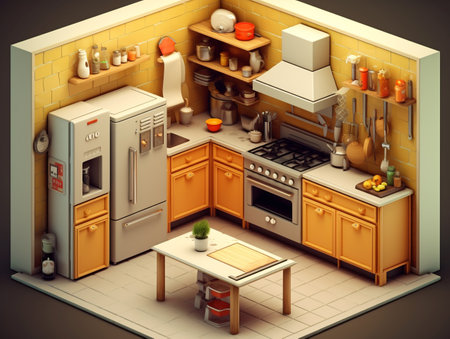 Kitchen interior in isometric view. 3D illustration. Vintage style.の素材