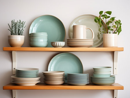 Ceramic tableware on the shelf in the kitchen, interior designの素材