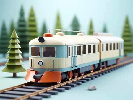3d illustration of toy train on the railway with christmas treesの素材