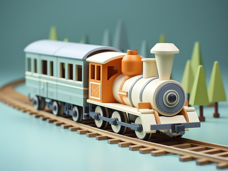 3d rendering of a toy train with trees in the background.の素材