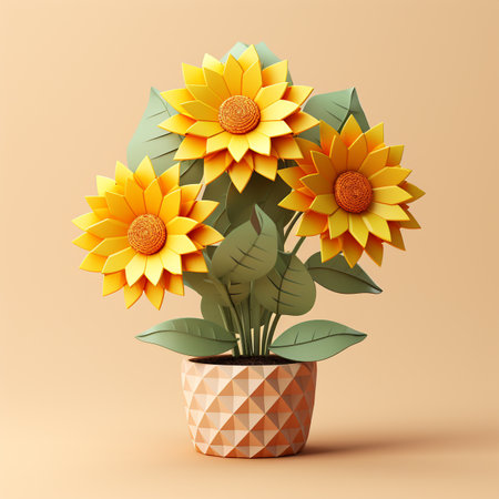Sunflowers in a pot on a beige background. Vector illustration.の素材
