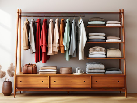 Closet with different clothes and accessories. 3d rendering.の素材