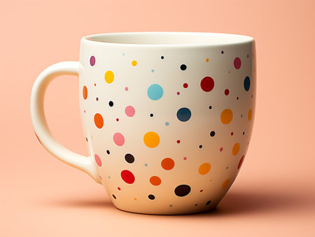 Cup of coffee with colorful polka dot pattern isolated on orange backgroundの素材