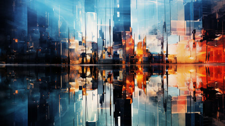 Double exposure of skyscrapers and modern office buildings. Mixed mediaの素材