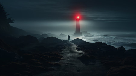Lighthouse in the fog. 3d rendering. Computer digital drawing.の素材