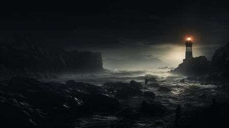 Lighthouse on the rocky coast at night. 3D rendering.の素材