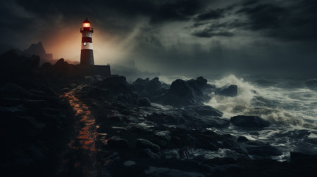 Lighthouse in the sea at night. 3D render illustration.の素材