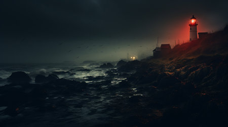 Lighthouse in the sea at night, 3d render illustration.の素材