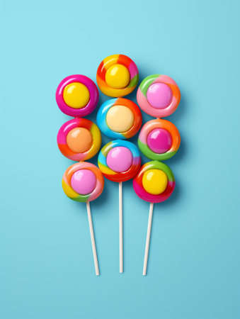 Colorful lollipops on blue background. 3d renderingの素材