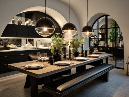 interior of a modern dining room with black furniture and decorative plantsの素材