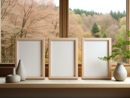 Three vertical white frames on a wooden shelf in front of a window overlooking the countrysideの素材