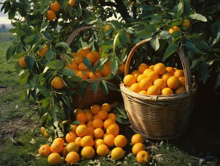 Ripe tangerines in a basket on a background of green treesの素材