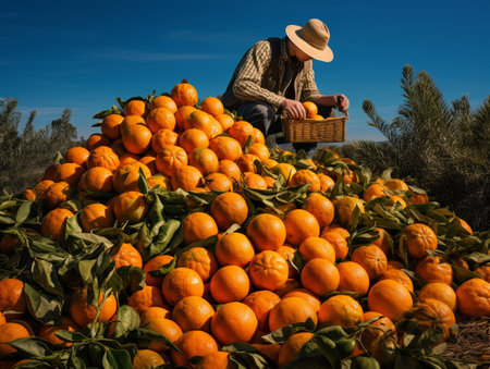 Farmer harvesting tangerines on a field in Sicily, Italyの素材