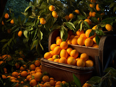 Tangerines in a basket on a background of orange trees.の素材