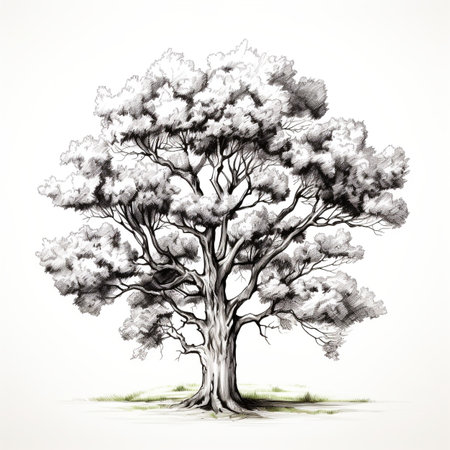 Hand drawn sketch of oak tree on white background. Vector illustration.の素材