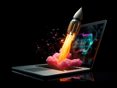 Rocket coming out of a laptop screen on black background. 3D rendering.の素材