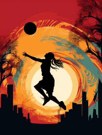 volleyball woman player in action on sunset background, vector illustrationの素材