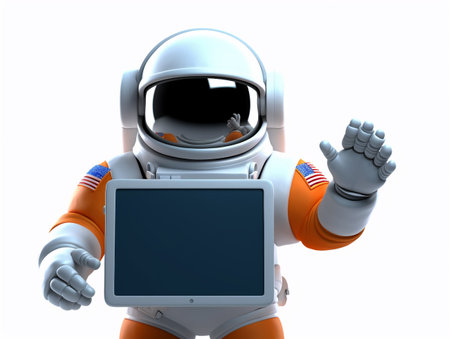 Astronaut with tablet pc isolated on white background. 3d illustrationの素材