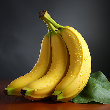 Bunch of bananas with water droplets on a dark background.の素材
