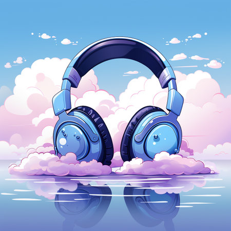 Vector illustration of a blue headphones on a background of clouds and skyの素材