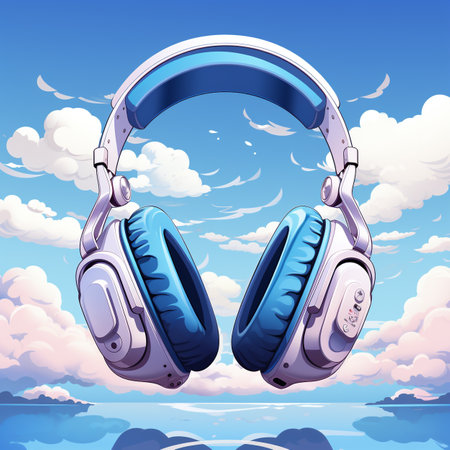 Headphones on the sky background. Vector illustration in cartoon style.の素材