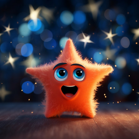 Funny orange star with eyes and mouth on a background of stars.の素材