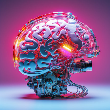 3D rendering of an artificial intelligence robot with glowing brain on gradient backgroundの素材
