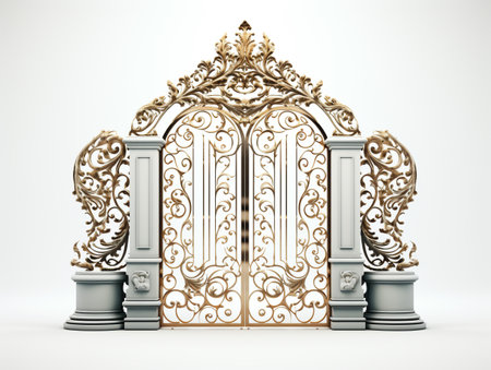 3d render of classic gate with golden ornament on a white backgroundの素材