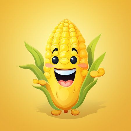 Corn character on yellow background. Vector illustration of corn character with happy expressionの素材