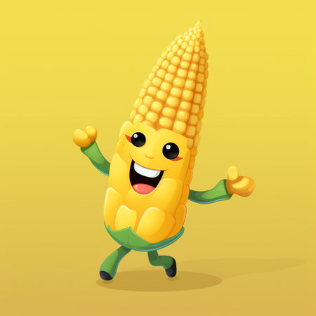 Cute cartoon corn character. Vector illustration isolated on yellow background.の素材
