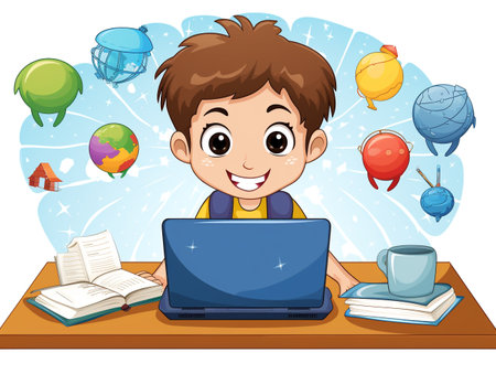 Cute boy using laptop at the desk with many education objects illustrationの素材