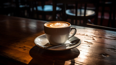 Latte art coffee on the wooden table in coffee shop vintage color toneの素材