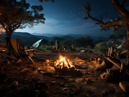 Camping in the mountains at night. Burning campfire in the forest.の素材