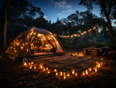Camping in the pine forest at night with a lot of candlesの素材
