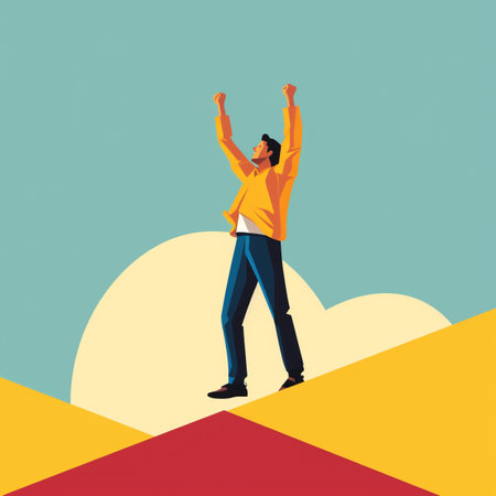 Successful businessman standing on top of the mountain. Vector illustration.の素材