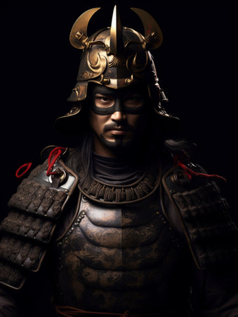 Portrait of a medieval warrior in armor on a black background.の素材