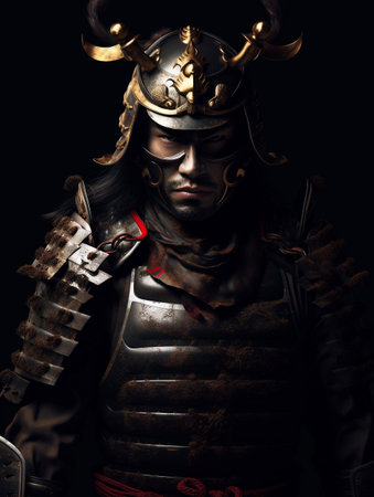 Portrait of a medieval knight in armor on a black background.の素材