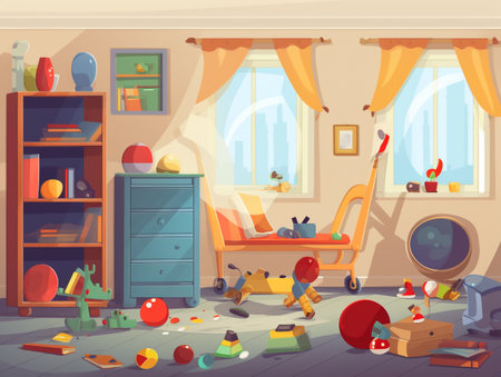 Children room interior with furniture and toys. Vector illustration in cartoon styleの素材
