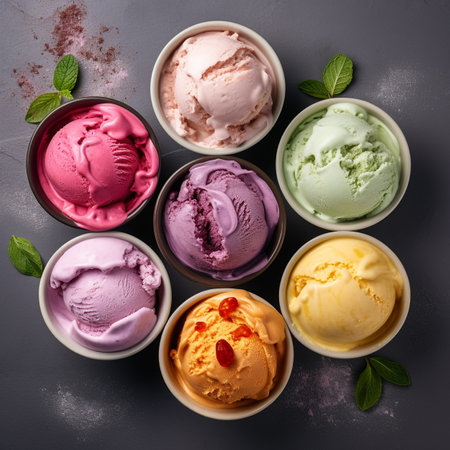 Various of ice cream flavor in bowl on black background, top viewの素材